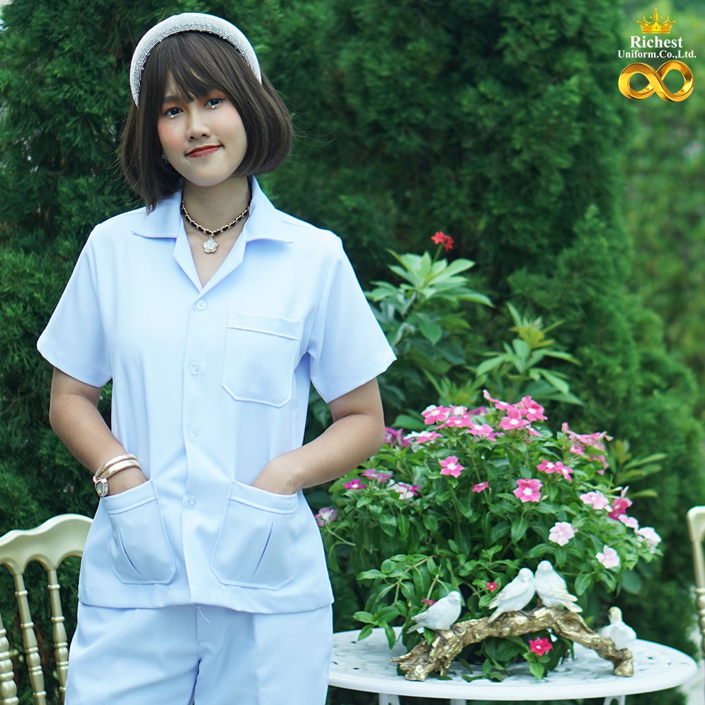 เสื้อกาวน์แขนสั้นตัวสั้น ผ้าวาเลนติโน่ กับ ผ้าดีวาย พร้อมส่ง 🩵🩵🩵 - รูปที่ 2