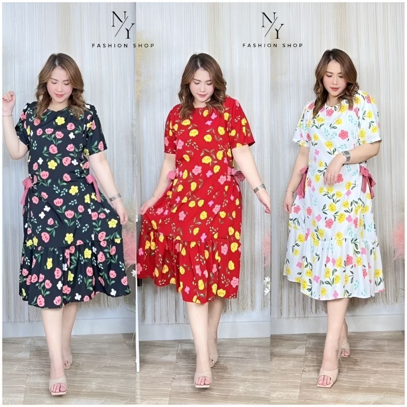 ใหม่.เดรสคอกลมลายดอก ผูกโบว์ข้างสาวอวบ Free size:32 - 46 นิ้ว.ใส่สวย เป็นผ้าไหมอิตาลีเนื้อดี.