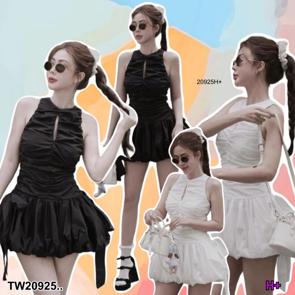 TwinsShopVip💗พร้อมส่ง TW20925 เดรสสั้นแขนกุดเว้าอก กระโปรงบอลลูน ..