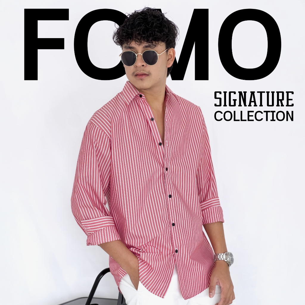 Fomo-เชิ้ตแขนยาว สีแดงลายทาง เชิ้ตโทนสีแดง