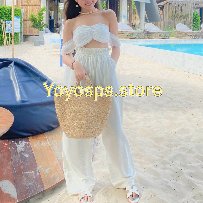 พร้อมส่ง กางเกงผ้าฝ้าย รุ่นเอวจีบ ขายาวทรงกระบอกใหญ่เอวสูงเก็บพุง กางเกงใส่ไปทะเล กางเกงใส่ไปคาเฟ่