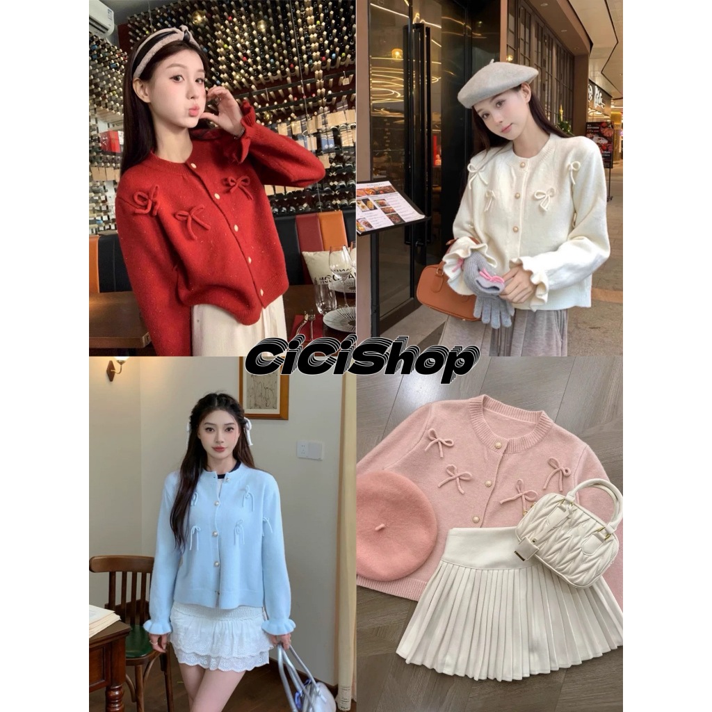 Cicishop (A2162) เสื้อแขนยาวไหมพรมลูกคุณ แต่งโบว์ 3 มิติ กระดุมมุก แขนระบาย สีสวยสดใส