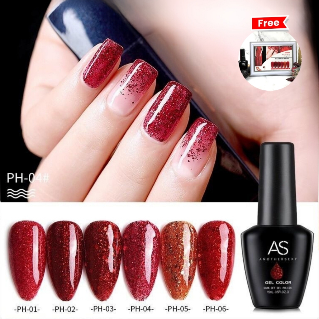 สีเจล As ขวดดำ 15ml. โทนสีกากเพชรแดง สียอดฮิต แดงกลิตเตอร์ รหัส PH 01-06 (ซื้อครบทุกสีแถมชาร์ตฟรี)