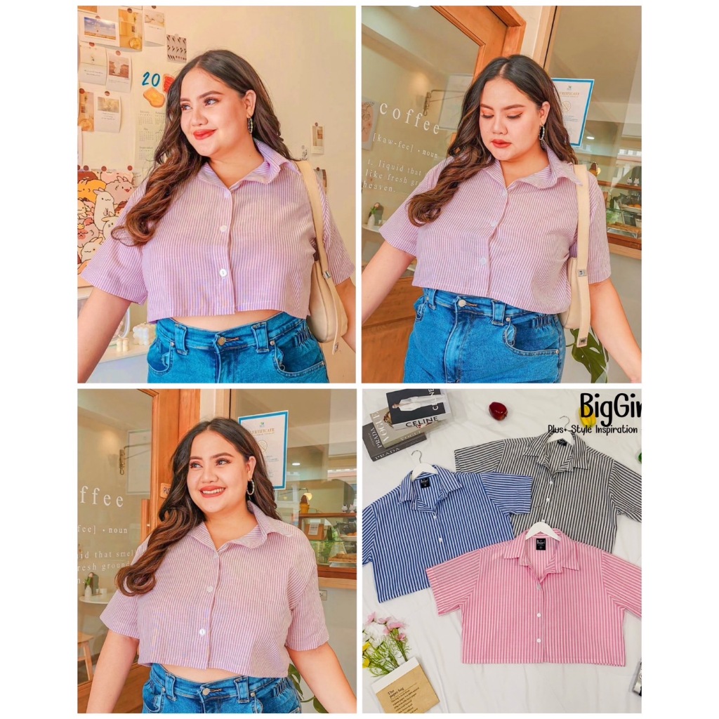 เสื้อครอปคอปกไซส์ใหญ่คนอ้วนสาวอวบรอบอก38-62นิ้ว