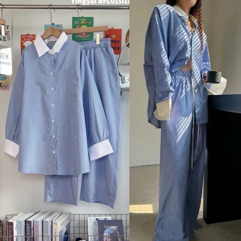 /YY/ ชุดเซ็ตสาวอวบ ผ้าคอตตอนลายริ้ว แต่งปกขาว กางเกงเอวรูด #เสื้อผ้าไซส์ใหญ่ สาว อ้วน พลัสไซส์