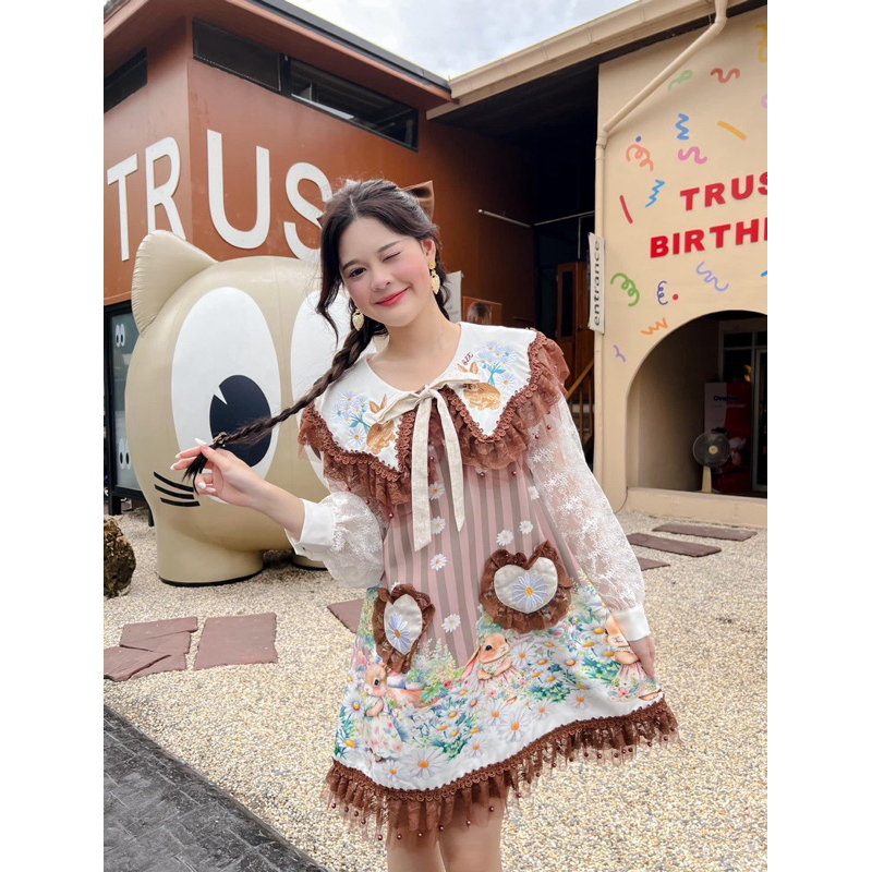 💎พร้อมส่ง💎 BLT brand 🐰 เดรสสีน้ำตาลน้องกระต่าย