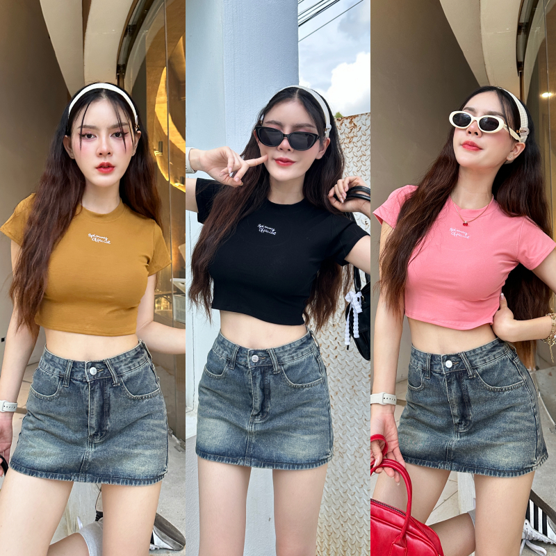 ครอปคอกลมแขนสั้น ผ้ายืดยูนิโค่ ทรงเบบี้ที 🌺 งานปักโลโก้ ทรงน่ารัก งานตามหา ผ้ายืดเยอะสาวอวบใส่ได้ รุ่น ครอปAngel