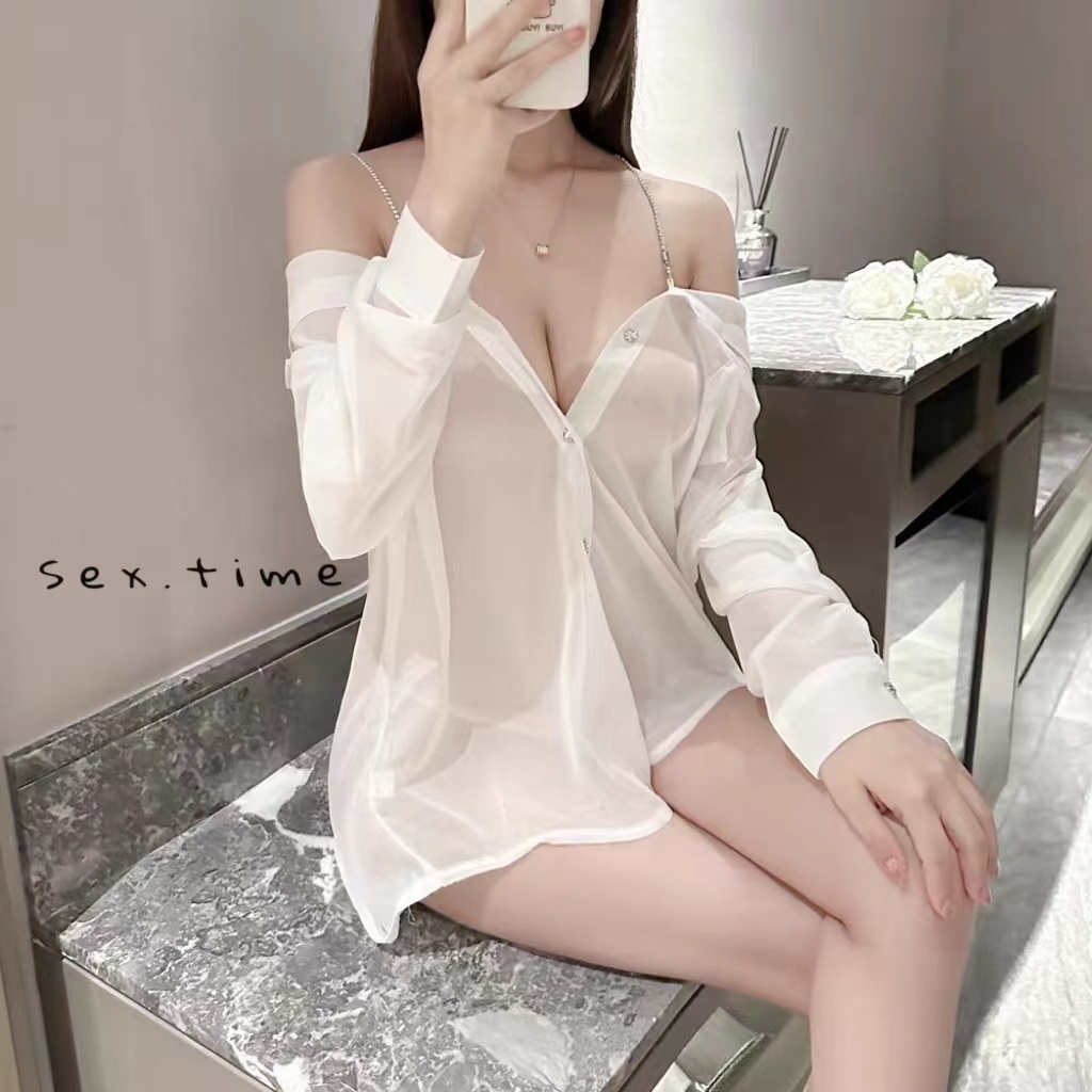 💚ชุดนอนsexy💜ซีทรู แขนยาว ปิดไหล่ ไม่นอน ผ้านิ่มเด้ง ส่งจากไทย H9132