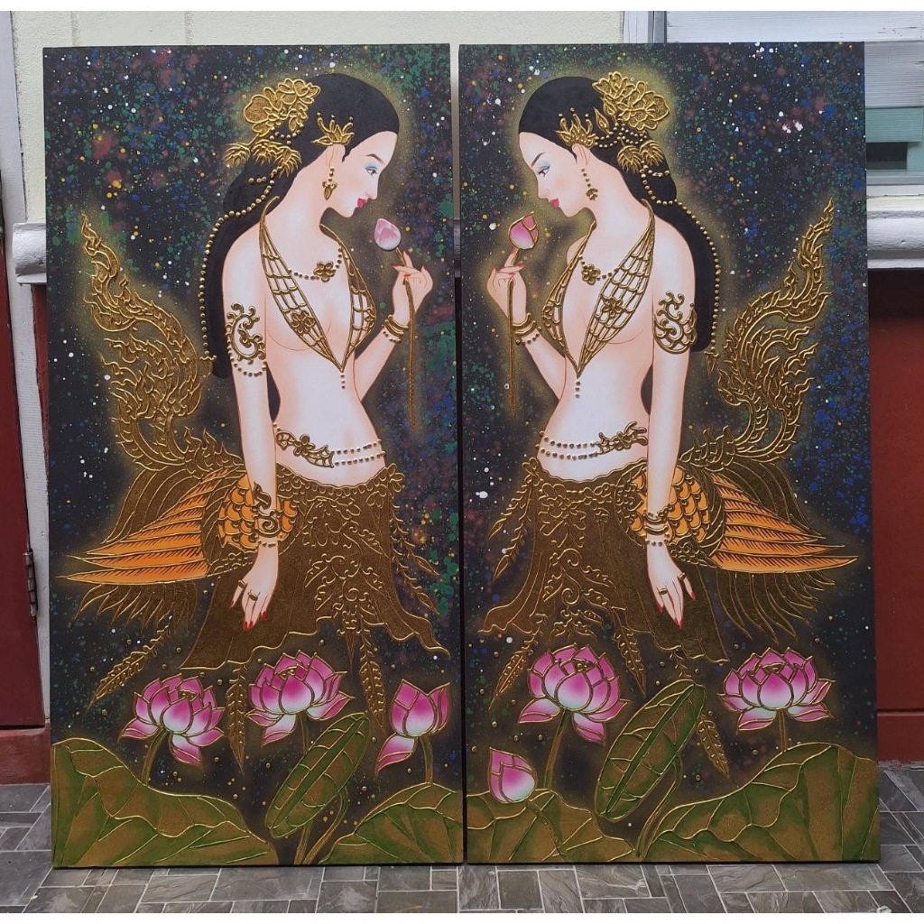 ภาพวาด กรอบรูป กินนรี กว้าง 60× สูง120 cm ภาพมงคล เสริมฮวงจุ้ย ตกแต่ง สำนักงาน บ้าน โรงแรม รีสอร์ท ร้านนวด สปา