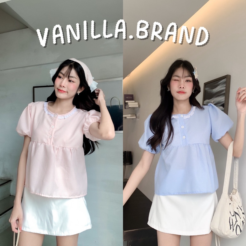 เสื้อแขนพอง กระดุมดอกไม้ ผ้าลายตารางเล็ก -ttm / VB0449