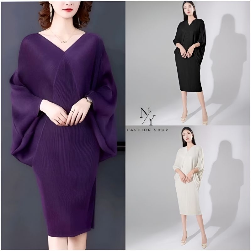 ใหม่ Dress เดรสผ้าพลีสสไตล์เรียบหรู Free size: 34 - 56 นี้ว.สามารถใส่ได้ทุกไซร์.