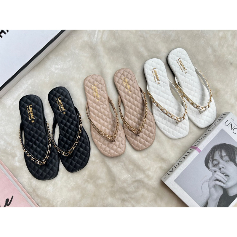 รองเท้าแตะแฟชั่นแบบหูคีบประดับด้วยโซ่ทอง เรียบสวยใส่สบายเท้าราคาหลักร้อย พร้อมส่ง