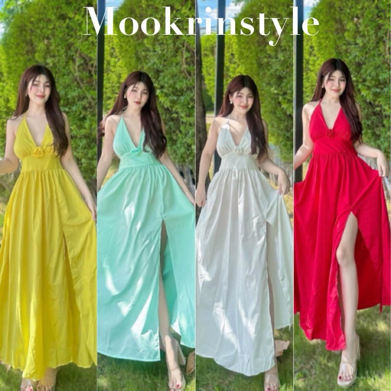 Mookrinstyle•เดรสยาว ชุดไปทะเล ชุดออกงาน สายผูกคอ อกแต่งดอกกุหลาบโชว์หลังงานสวยเซ็กซี่ ใส่แล้วสวยเด่นขับผิวmaxidress