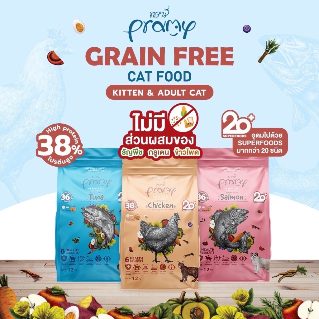 ซื้อ Pramy Grain Free  พรามี่ เกรนฟรี อาหารเม็ด สูตรเกรนฟรี อาหารแมวทุกช่วงวัย ขนาด 300g.