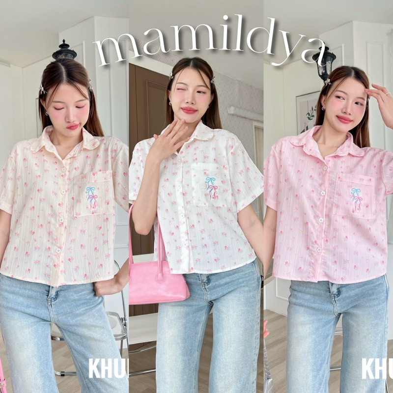 Mamildya.shop เสื้อคอปก แต่งกระเป๋าหน้า ปักลายโบว์ละมุนๆ /N1-2 /KHUN-ปกโรส