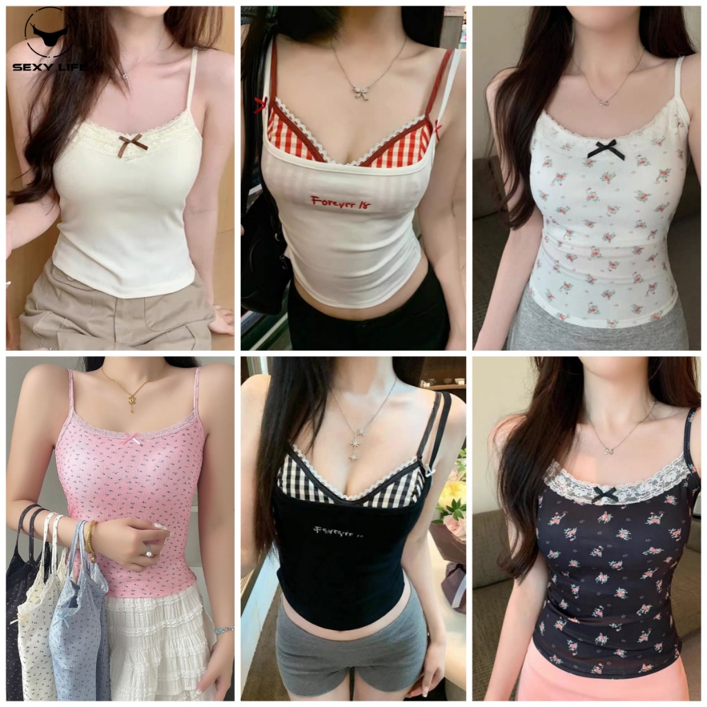 เสื้อสายเดี่ยวมีฟองน้ำ✨ความยืดหยุ่นที่ดีและผ้าเย็น💕ลายดอกไม้เล็ก ลายสก็อต หลากหลายสไตล์🚚ส่งไวจากไทย1-3วัน(吊带）
