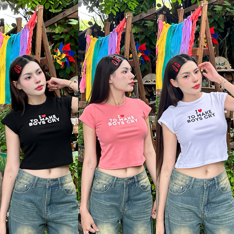 เสื้อครอปเบบี้ที ทรงเข้ารูป ผ้ายืดยูนิ 🍒 สกรีนลายน่ารักมาก ผ้ายืดเยอะสุด BABYTEE ใส่ได้วันโอกาส แมตช์ง่าย รุ่น ไอเลิฟ