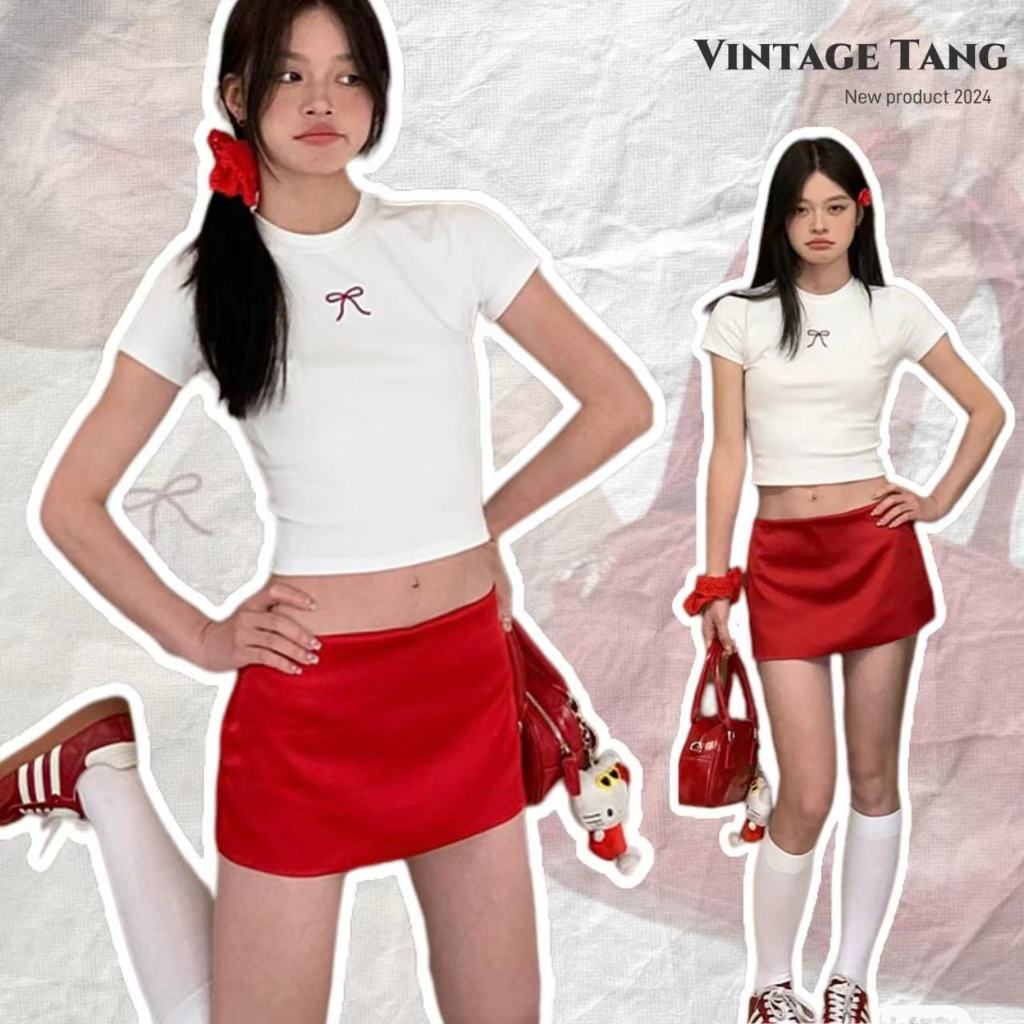พร้อมส่งไทย ชุด2ชิ้น ปักลายโบว์ผ้าฝ้ายเสื้อยืด+กระโปรงสั้นมีซับใน 2สี ชุดมีสองชิ้นราคาถูก เซ็กซี่เบาๆ สไตล์เกาหลี