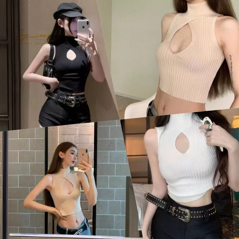 เสื้อถักไหมพรม แฟชั่น สายเดี่ยว คอสูง โชว์หน้าอก แขนกุด สไตล์เกาหลี สำหรับผู้หญิง LSYXGBDD