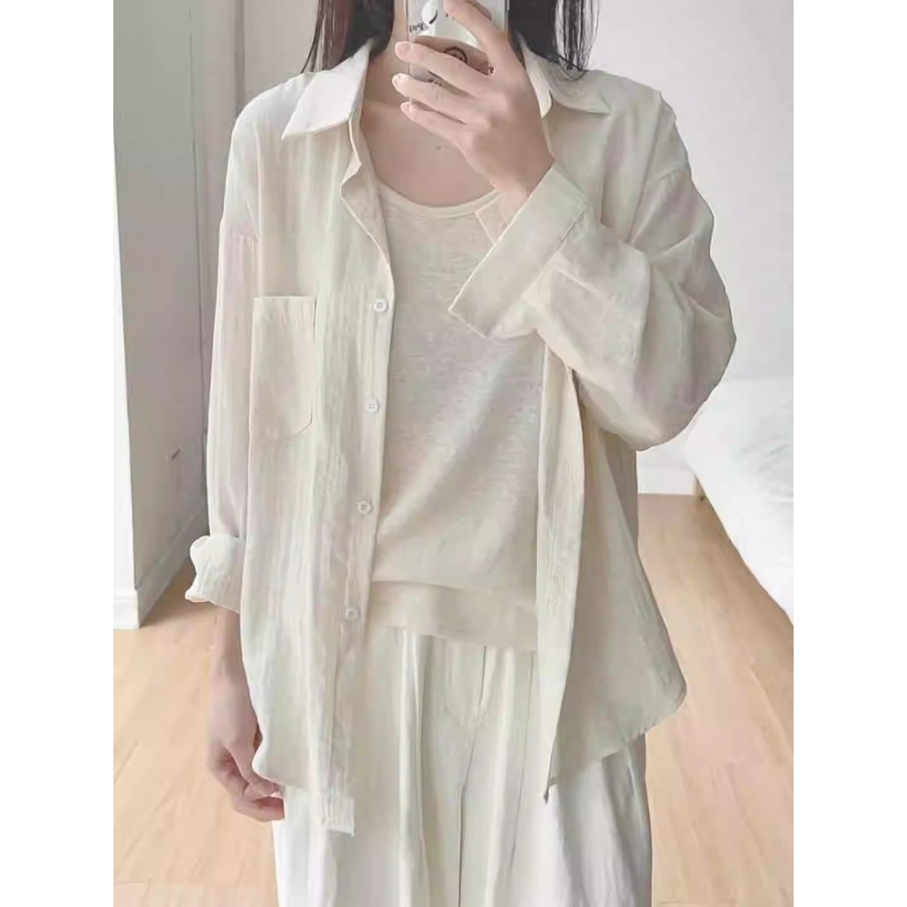 MCB142 เสื้อเชิ้ตสาวอวบคอปกแขนยาว อก 42" มีกระดุมด้านหน้า ดีไซน์คลาสสิคผ้าไม่หนามาก ใส่สบาย free siz