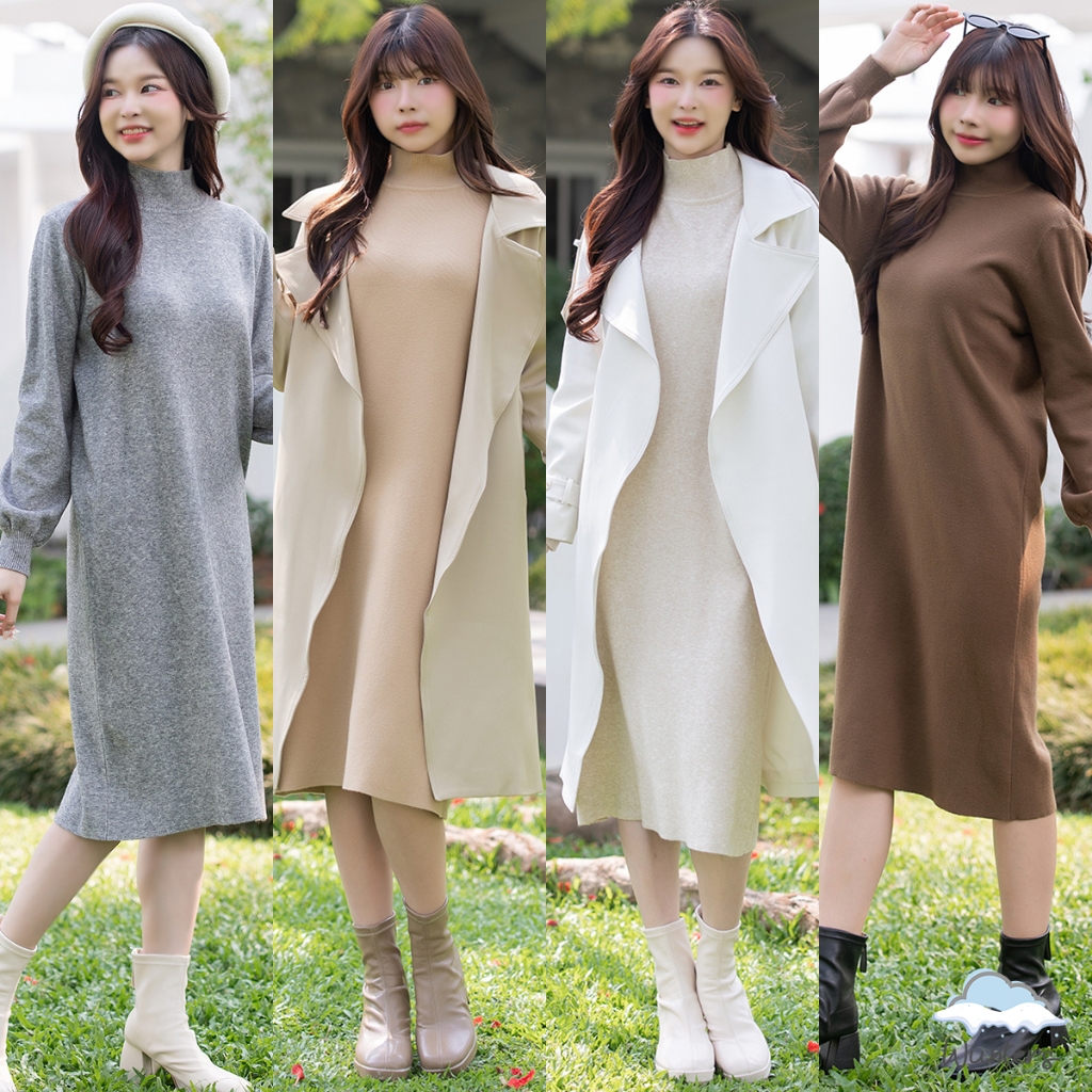 [ Nyon Knitted Dress ] 6 สี l เดรสไหมพรมคอปีน เดรสไหมพรมยาว ผ้าเรียบ หนา นุ่ม