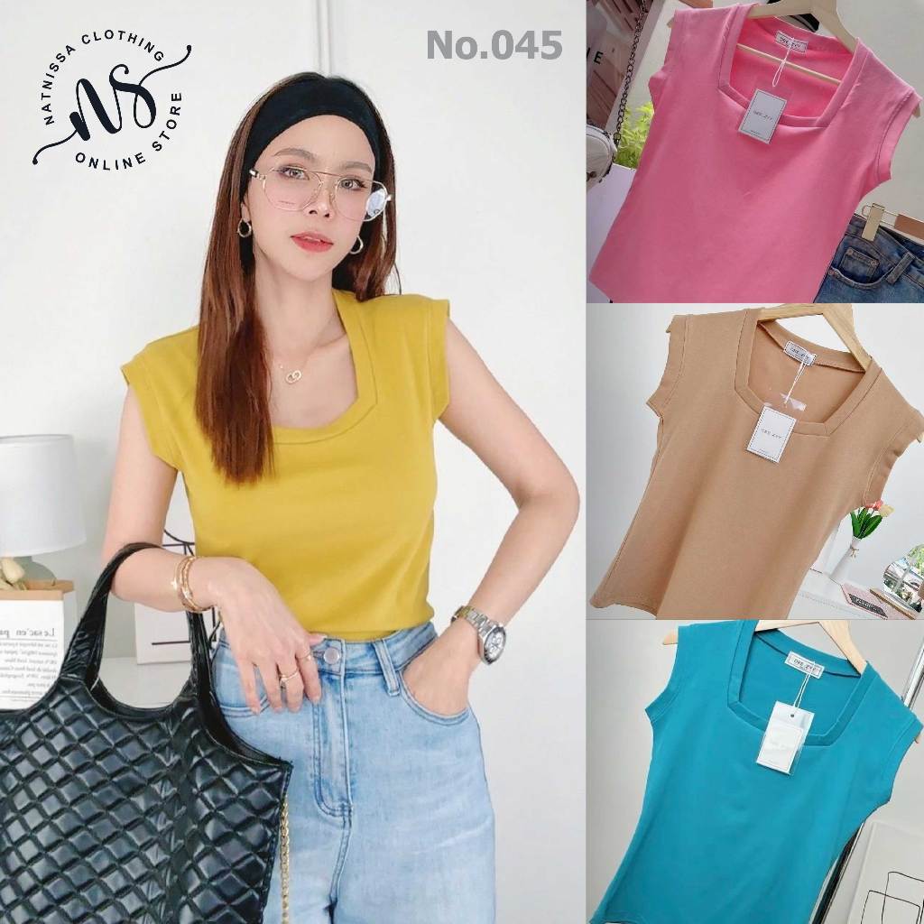 045 เสื้อยืด คอเหลี่ม แขนขอบ แขนกุด ฟรีไซส์ อก 32-38 ยาว 21 ผ้ายูนิโค่ล ไม่ต้องรีด ผ้าไม่ย้วย