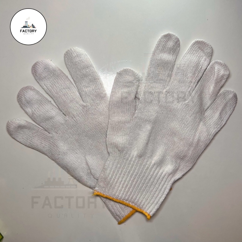 ถุงมือด้ายดิบ ผ้าฝ้าย 6ขีด สีขาวขอบเหลือง (1โหล 12คู่)
