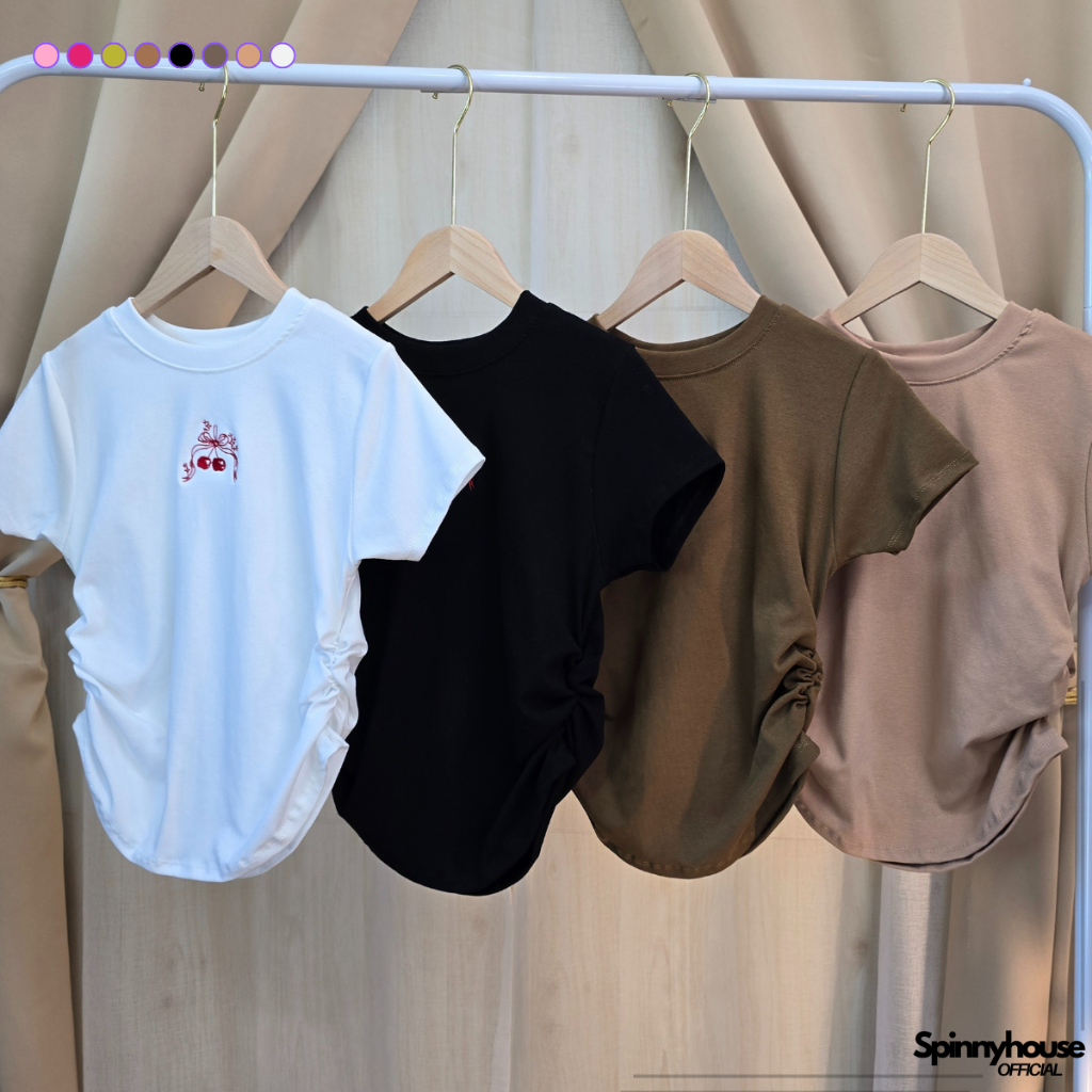 SpinnyHouse เสื้อยืดคอกลมแขนสั้น ย่นข้างเอว ปักเชอร์รี่วิ้ง ผ้ายืดตามตัวทรงสวย พร้อมส่ง รุ่น ปักเชอรี่วิ้ง