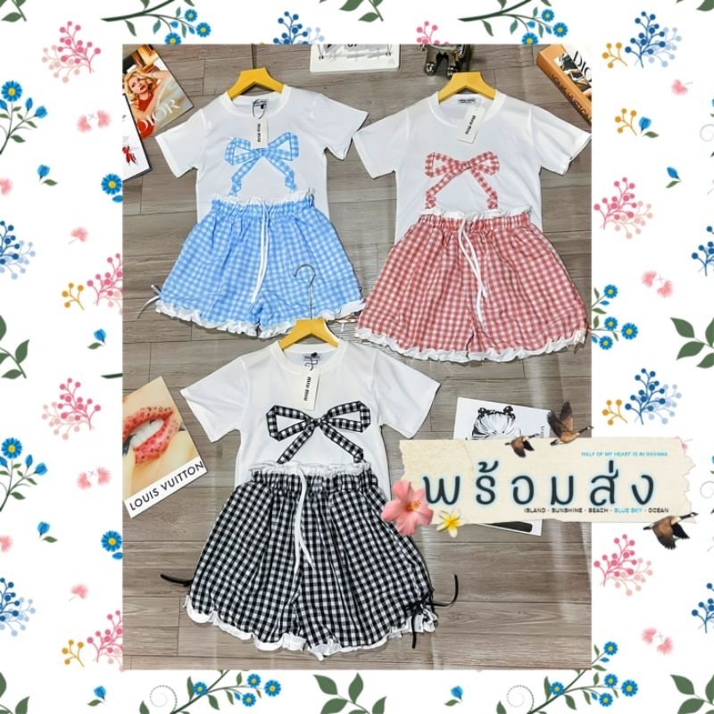 งานเวียดนาม พร้อมส่ง 159(2ชิ้น เสื้อ+กางเกง) โบว์สก็อตขาสั้น