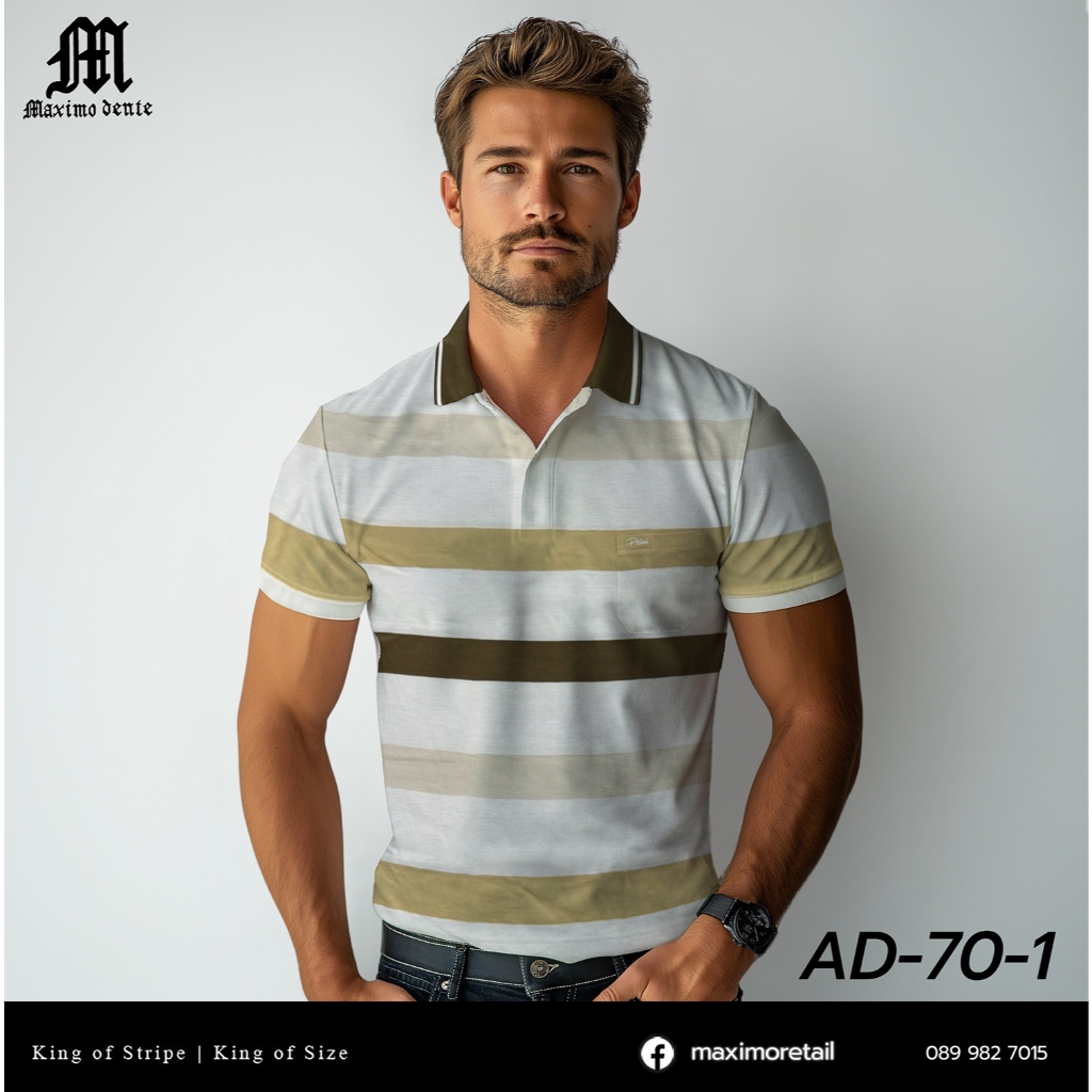 เสื้อโปโลแขนสั้นผู้ชายมีกระเป๋า  Pelini คอปก ลายริ้ว คลาสสิค สไตล์ยุโรป สำหรับผู้ใหญ่ รุ่น AD-70-1