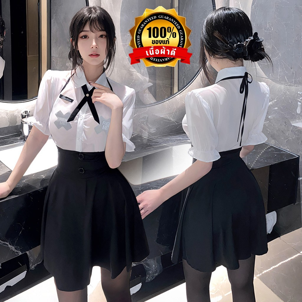 NIGHT TIME ชุดนักเรียนน่ารัก ชุดเซ็ท ชุดเกาหลี 🍩 เสื้อชีฟองแขนตุ๊กตา เอวลอย N-722