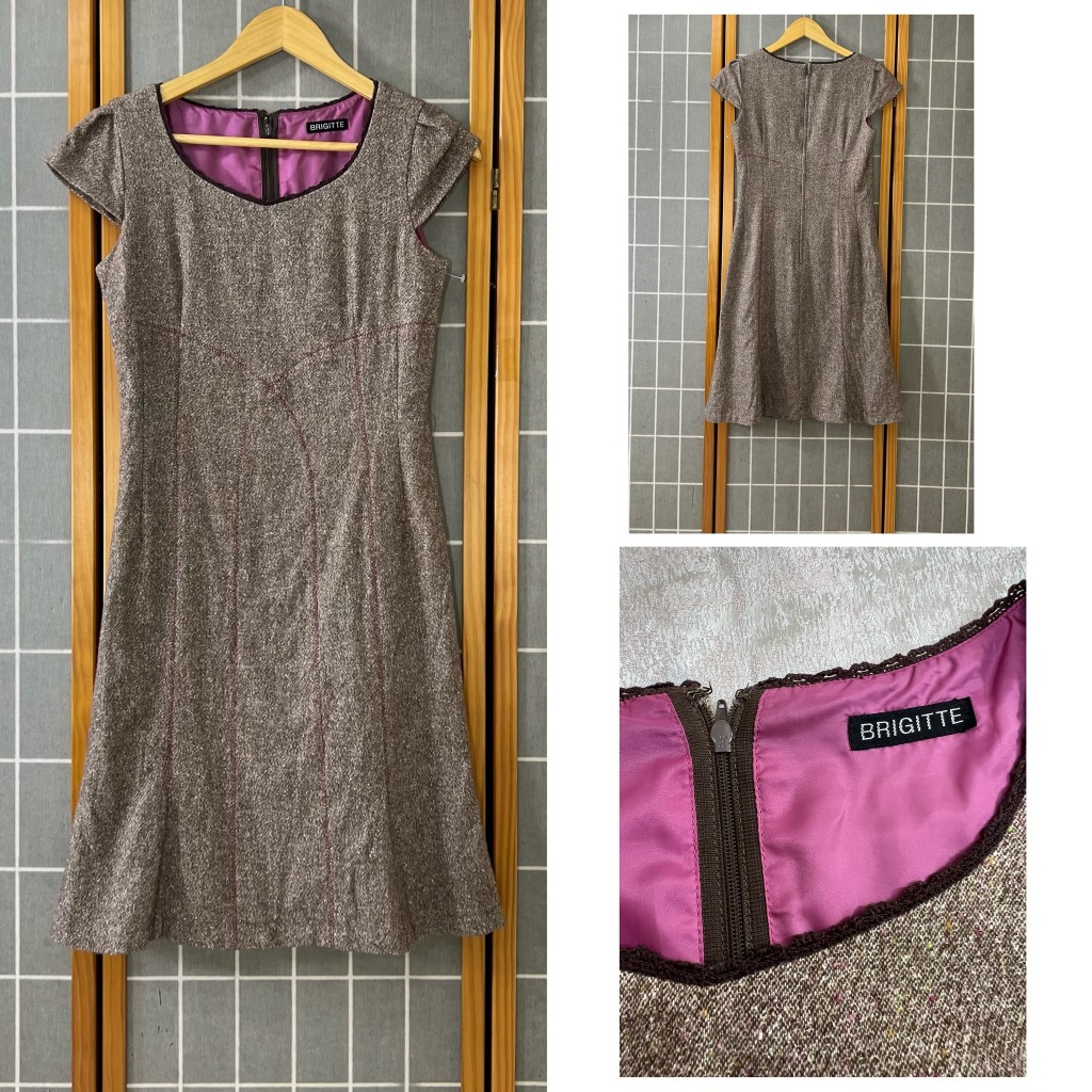*SALE* (C648) Brigitte ไซส์ S เดรสผ้า wool มีซับ ซิปข้าง ทรงสุภาพ สวย อก 34 เอว 28 ยาว 3
