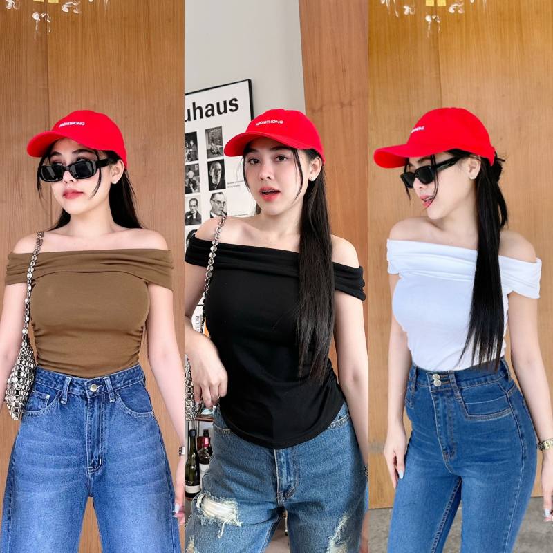 เสื้อปาดไหล่ พับได้หลายแบบ ผ้ายืดยูนิ ทรงสวย เรียบหรูดูแพง แต่งย่นข้างเพิ่มความเพรียว พรางหุ่น รุ่น หนูยิ้ม