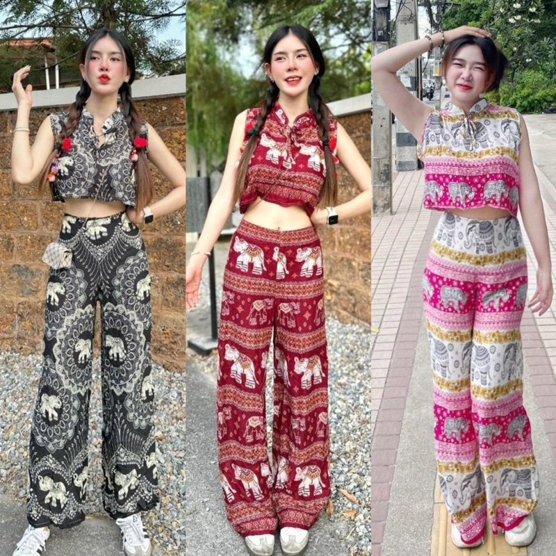 ชุดเซ็ท เสื้อคอจีน+ กางเกงขายาว ลายช้าง ใส่แล้วน่ารักกมาแล้วว