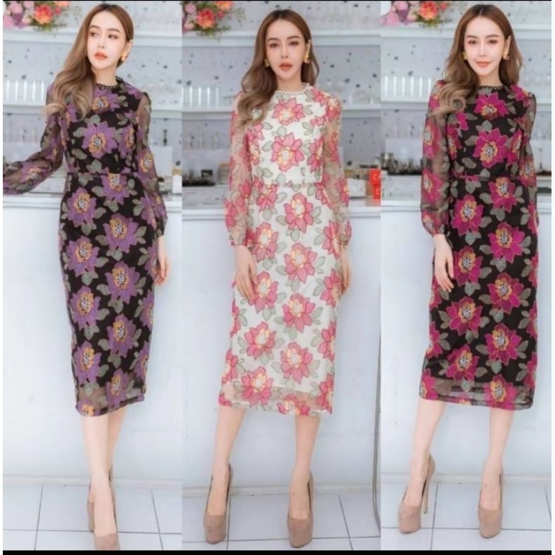 828 มีS,M,L,XL,2xlเดรสปักลูกไม้ยาวแขนยาว