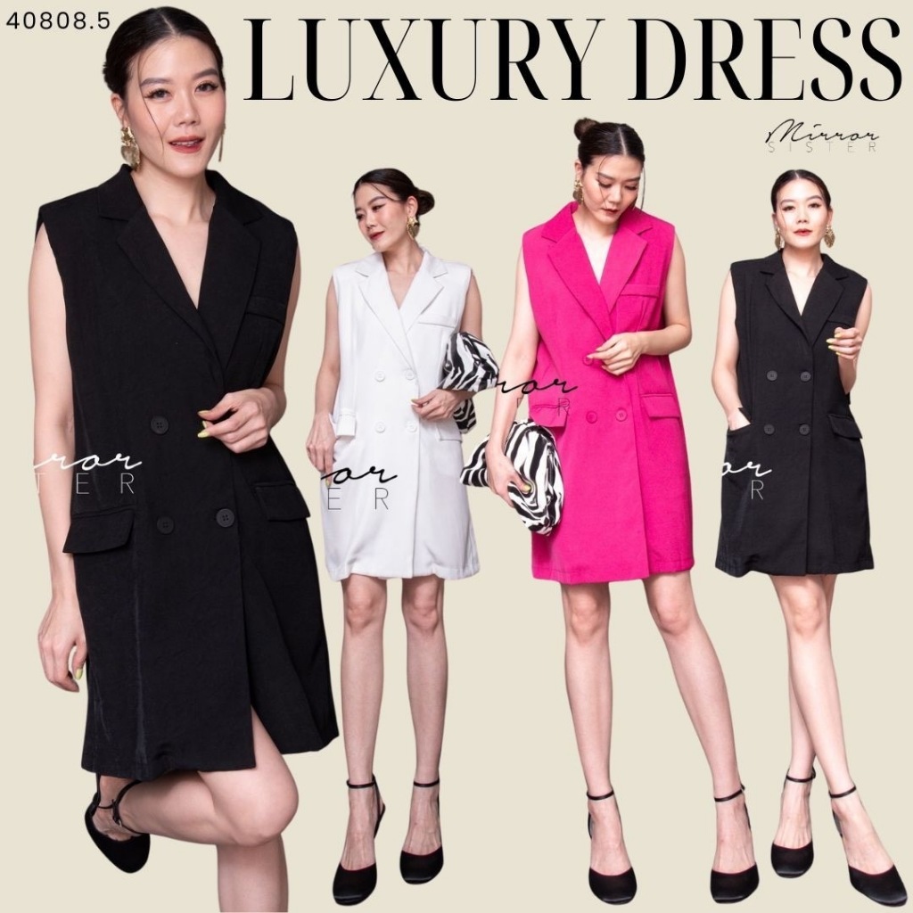 Mirrorsister​ 40808.5 เดรสแขนกุดคอปกสูทเทเลอร์ แต่งกระดุม4เม็ด มีกระเป๋าพ็อคเก็ต ด้านหลังแต่งเว้า มีโบว์ใหญ่ ชิคทุกสี