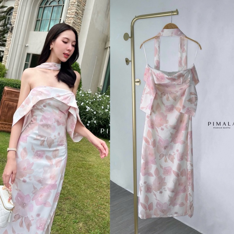 เดรสยาวเปิดแขนทรงสวยดูแพง เดรสไปงาน งานป้าย Pimala