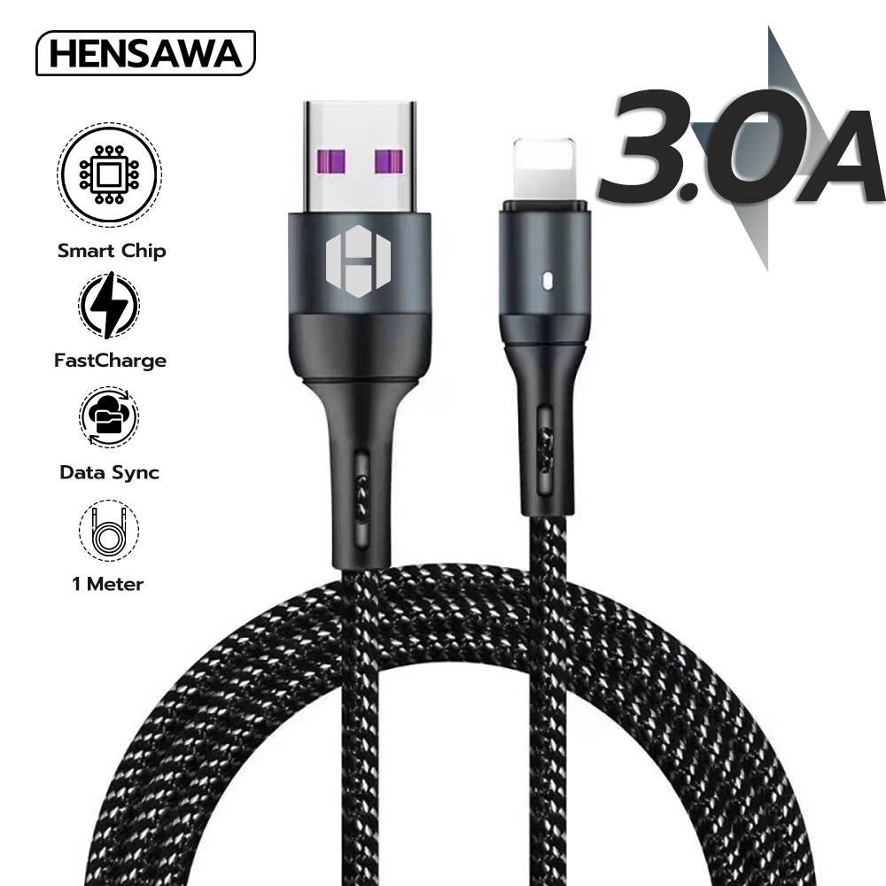 Hensawa สายชาร์จเร็ว 3.0A รุ่น US3094 USB to iP Type c Micro 1m สายถักสีดำ for ไอโฟน ทนทาน Fast Charge Cable & Sync