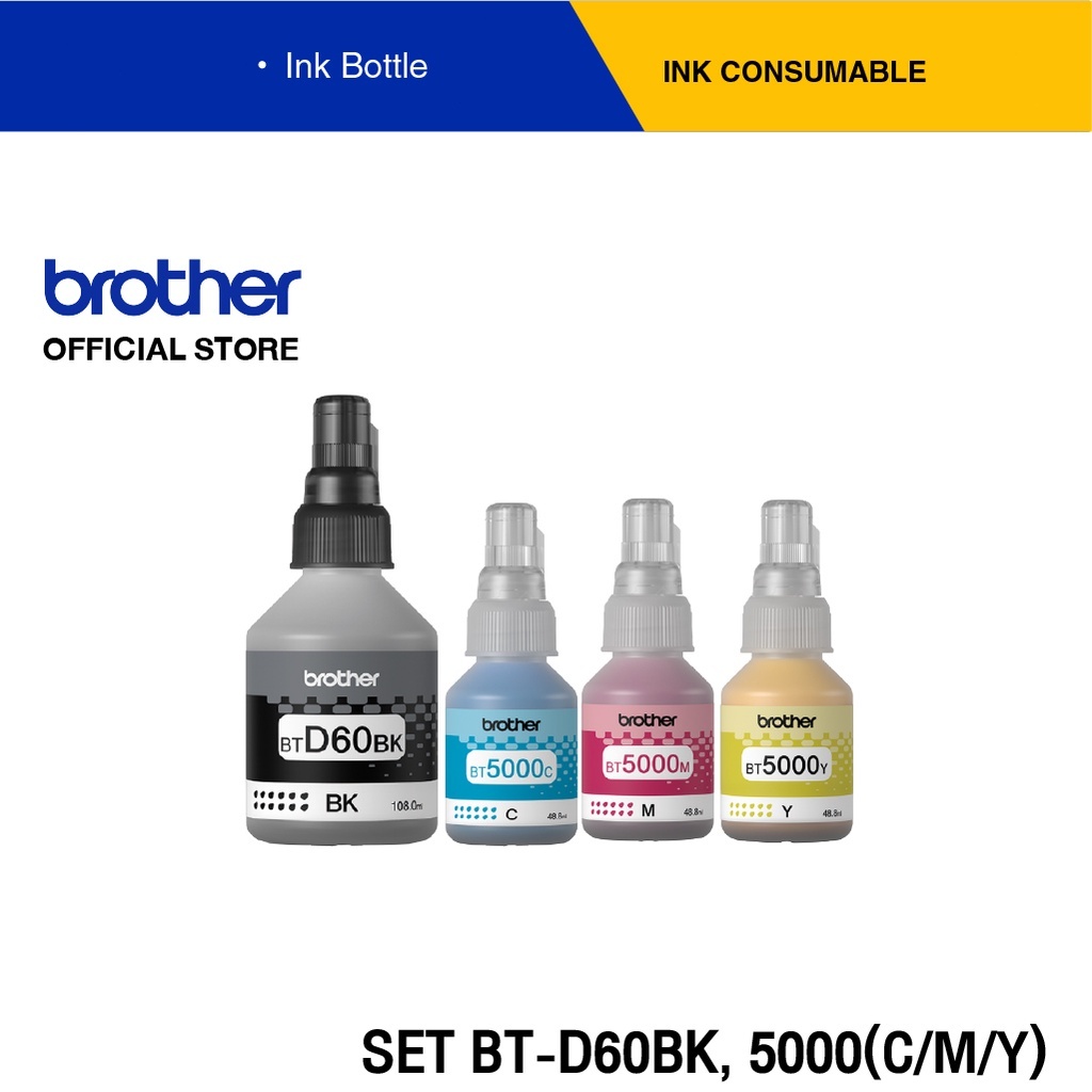 Brother BT-D60 Bk/BT-5000 CMY หมึกขวดเติมบราเดอร์ของแท้ ใช้กับพริ้นเตอร์ (printer): Brother รุ่น DCP-T300 / T500W / T700