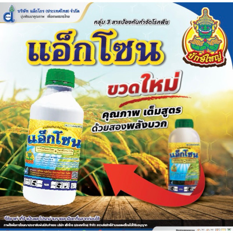 แอ็กโซน 500 ซีซี สารเดียวกับอามูเร่ ป้องกันรักษาโรคเมล็ดด่าง เน่าคอรวง ให้ผลผลิตข้าวดี เมล็ดใส