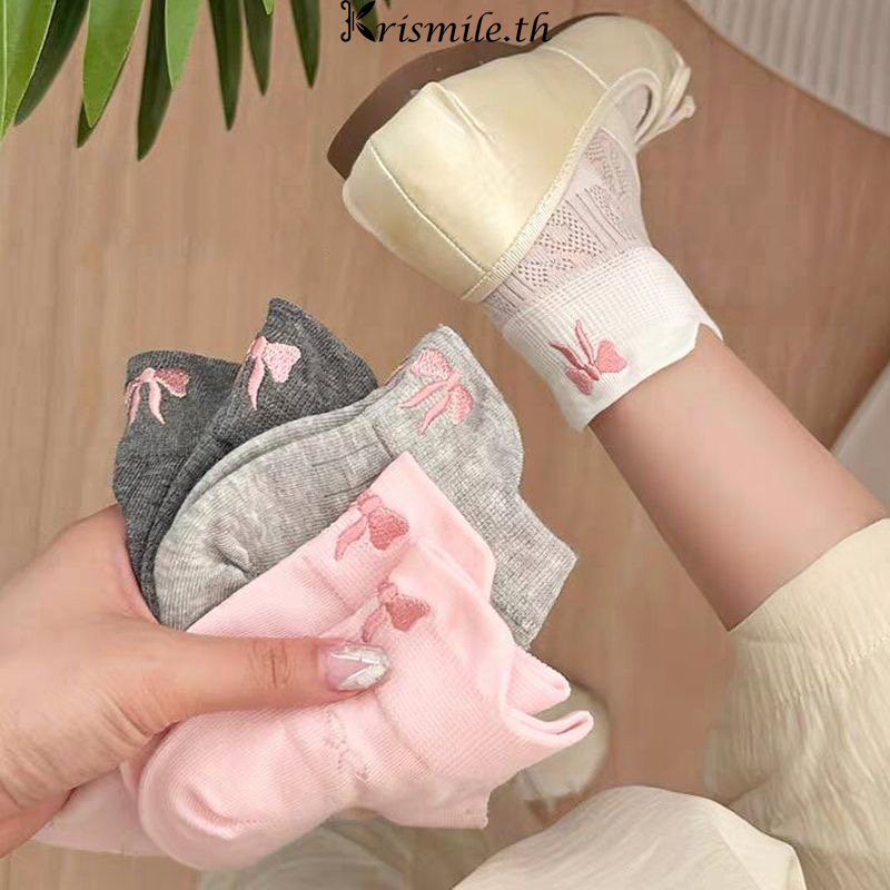 COD-ในไทย ถุงเท้าข้อยาว ประดับโบว์ สีขาวสีชมพู น่ารักหวาน Insสไตล์เกาหลี แฟชั่นสําหรับผู้หญิง เข้ากับทุกการแต่งกาย กลวง-