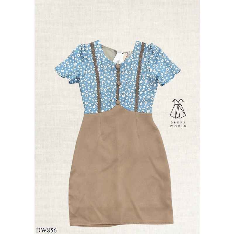 {S-XL} 856 งานป้าย Dress World ชุดเดรสสั้น เสื้อลายดอก แต่งกระดุม น่ารักทุกแบบเลยจ้า