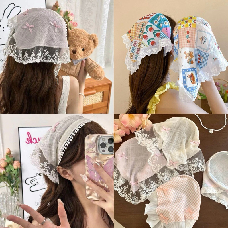 พร้อมส่ง ที่คาดผม ผ้าโผกผม ผ้าสามเหลี่ยมแต่งลูกไม้ สไตล์ฝรั่งเศษ เครื่องประดับศรีษะ