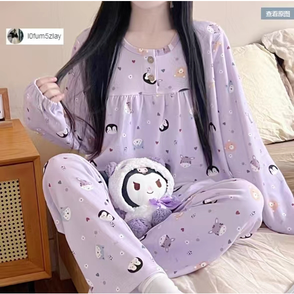 (ราคาถูกที่สุด)ชุดนอน， ชุดนอนการ์ตูนน่ารัก เสื้อเชิ้ต + กางเกงยาว M-2XL