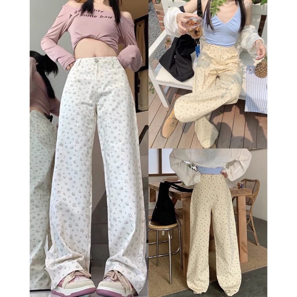 Size XS-5XL มี2สีให้เลือก กางเกงยีนส์ขายาวเอวสูงทรงกระบอก ผ้าไม่ยึด แต่งสกรีนลายดอกไม้ทั้งตัว งานสวยใส่สบาย