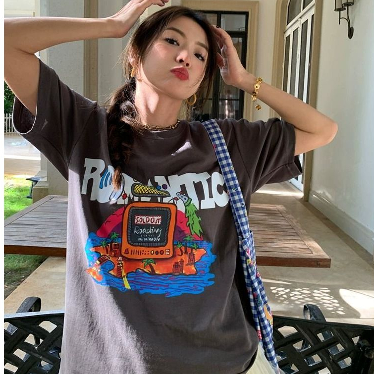 เสื้อยืดแฟชั่นผู้หญิงที่กําลังฮิต Oversize ผ้าคอตตอน 100% เสื้อผ้าสาวอวบไซส์ใหญ่ เสื้อโอเวอร์ไซส์เกาหลี สตรีทลายวินเท