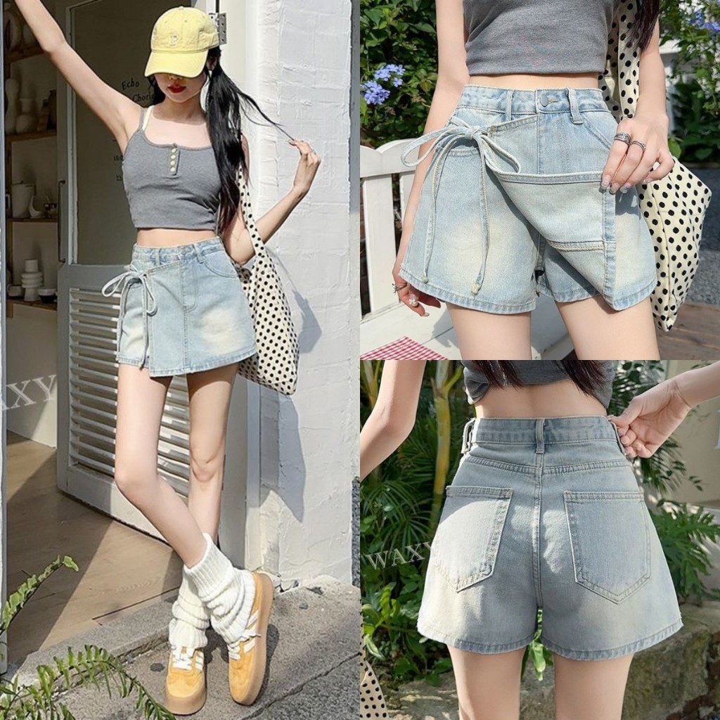กระโปรงสั้น กระโปรงกางเกง ทรงเอ มีซับใน ผูกโบว์ด้านข้าง#2382