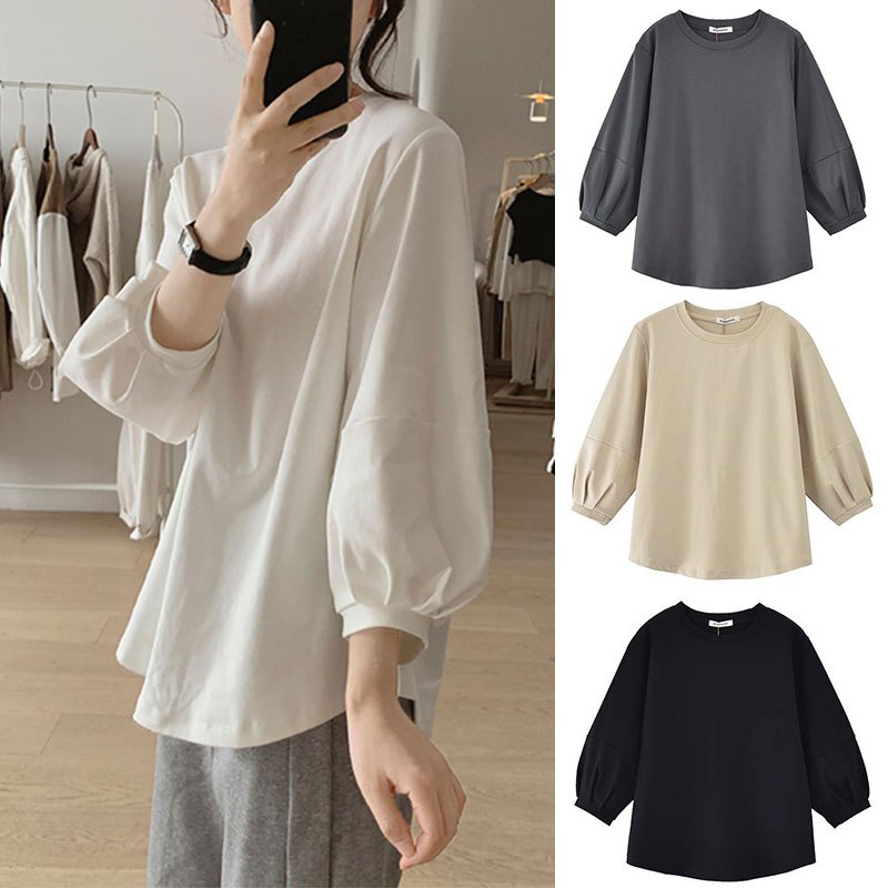 เสื้อยืดแขนยาวผู้หญิงสไตล์เกาหลี oversize เสื้อผ้าสาวอวบน่ารักๆ ลำลองทรงหลวม เสื้อยืดแขนบอลลูนแฟชั่นมาใหม่สวยๆ สีพื้น