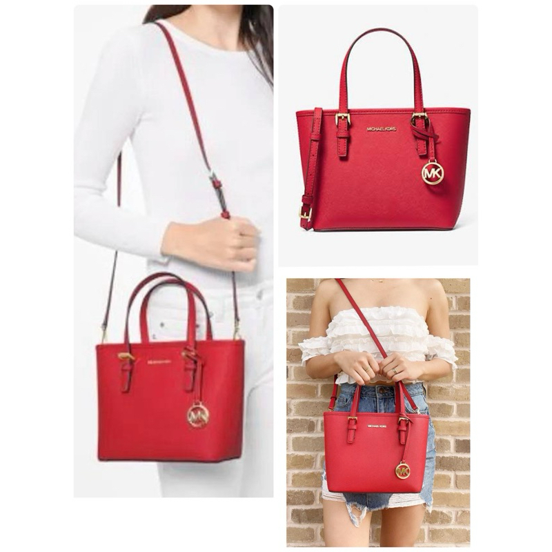 (ผ่อน0%) กระเป๋าสะพายข้าง Michael Kors XS Carry All Jet Set Travel Womens Tote 35T9GTVT0L-flame หนัง