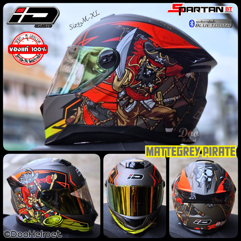 Pirate MatteGrey หมวกกันน็อคเต็มใบ Index ID Spartan ล่าสุด 2023 นวมถอดซักได้ + New Spartan BT